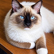 Teddy is registered to the contest to win money with this photo: animal, blue_eyes, cat, close_up, cream_coat, cute, dark_mask, ears, fluffy, fur, indoor, lounging, pet, portrait, siamese_cat, staring, symmetrical, whiskers, white_paws, wooden_table