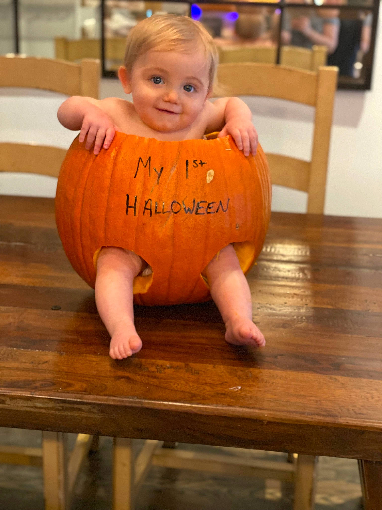 Carmine joined the competition — help win amazing prizes! baby_toddler_clothing, calabaza, cucurbita, eye, finger, floor, flooring, gourd, hairstyle, happy, hardwood, head, joy, natural_foods, orange, person, pumpkin, smile, squash, toddler