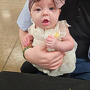 Charlotte is registered to the contest to win money with this photo: baby, child, infant, headband, bow, dress, white_dress, adult_hand, holding, indoor, person, curious, wide_eyes, mouth_open, candid, portrait, seated, table, bracelet, skin