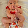 Charlotte joined the competition — help win amazing prizes! baby, infant, child, headband, strawberry_pattern, colorful_clothing, white_background, cute, playful, lying_down, hands, feet, face, expression, indoors, soft_surface, person, portrait, young_child, smiling