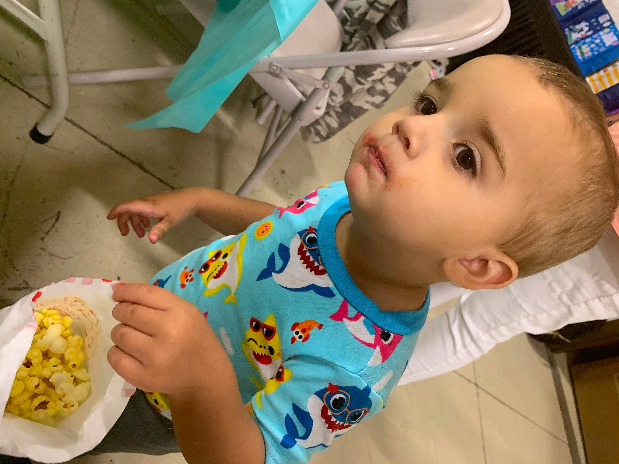 David is registered to the contest to win money with this photo: baby, baby_toddler_clothing, chair, cheek, child, comfort_food, cooking, cuisine, dish, eating, eyelash, food, food_craving, ingredient, person, play, recipe, sharing, tableware, toddler