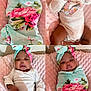 baby, infant, child, headband, pink, blanket, pacifier, clothing, cute, portrait, lying_down, soft_texture, expression, baby_girl, sleepwear, socks, floral_pattern, composite_image, indoors, person