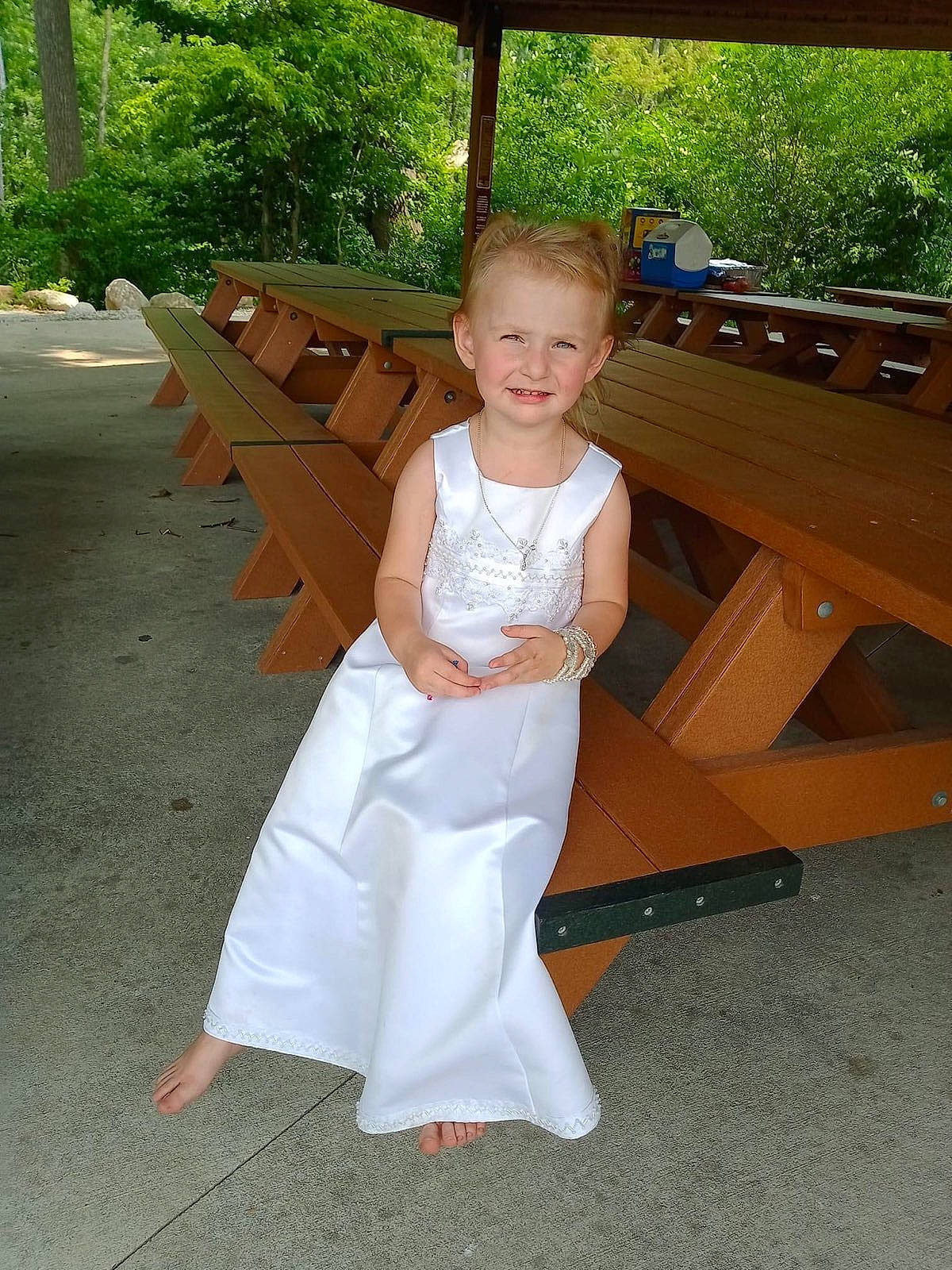 Ava joined the competition — help win amazing prizes! bench, blond, chair, child, dress, event, flooring, formal_wear, fun, grass, happy, joy, leisure, person, shoulder, sitting, skin, smile, standing, toddler