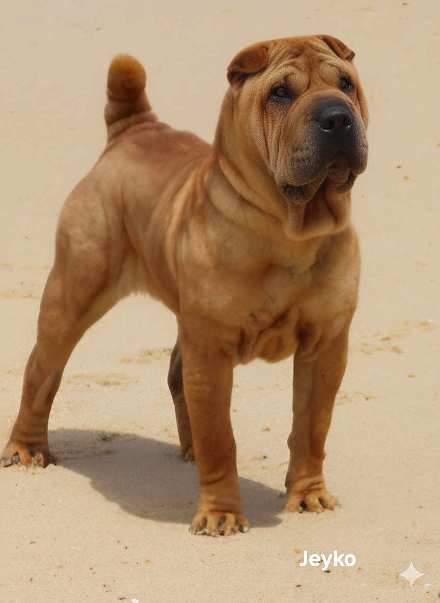 Jeïko participe au concours pour gagner de l'argent avec cette photo : dog, shar_pei, sand, wrinkled_skin, curled_tail, pet, animal, outdoor, standing, alert, canine, mammal, beach, fur, portrait, four_legs, brown, sunlight, nature, companion