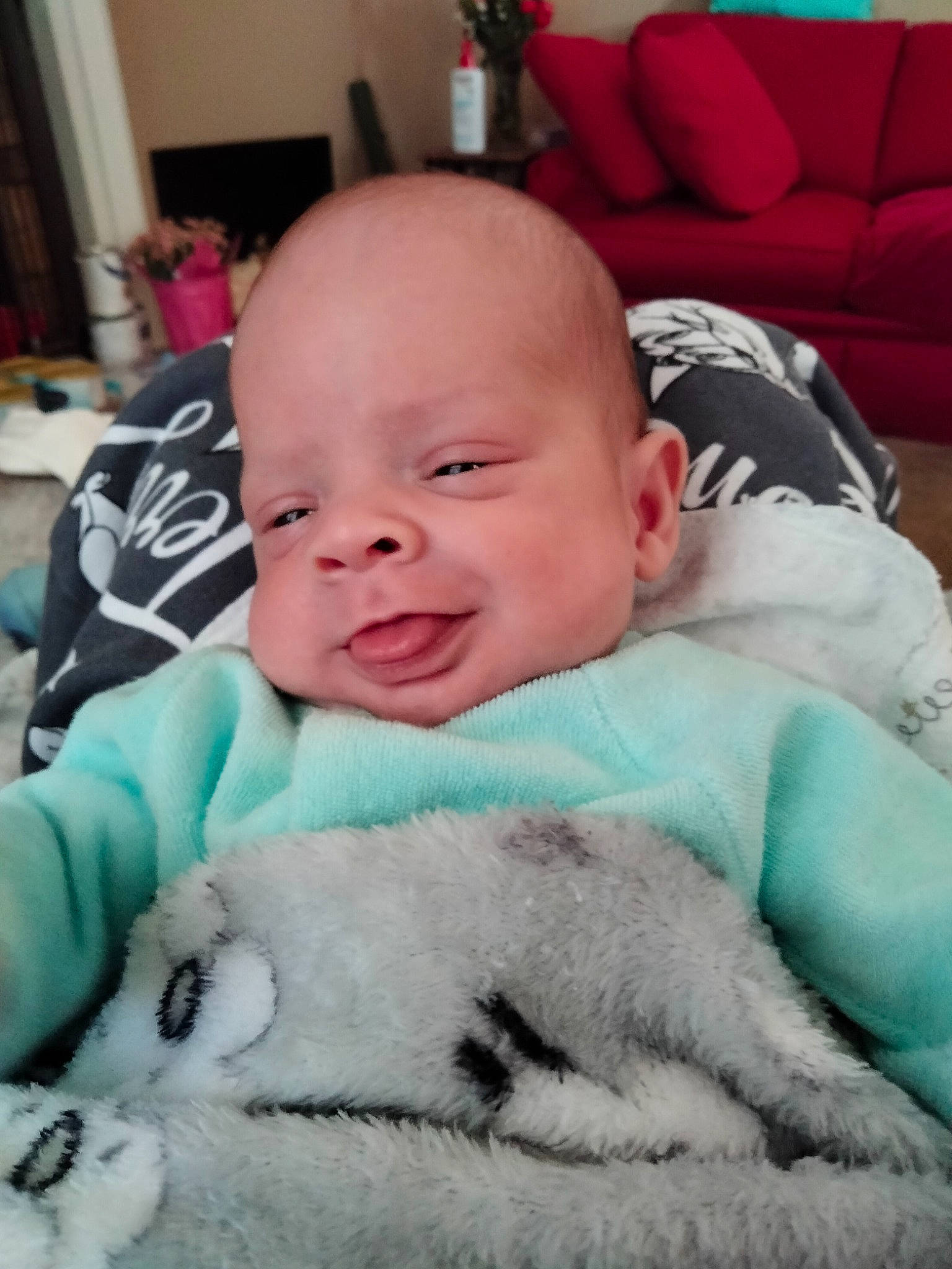 Brixton is registered to the contest to win money with this photo: baby, baby_products, baby_toddler_clothing, cheek, child, comfort, drinkware, face, facial_expression, fur, grass, happy, linens, person, portrait_photography, room, sitting, skin, smile, toddler