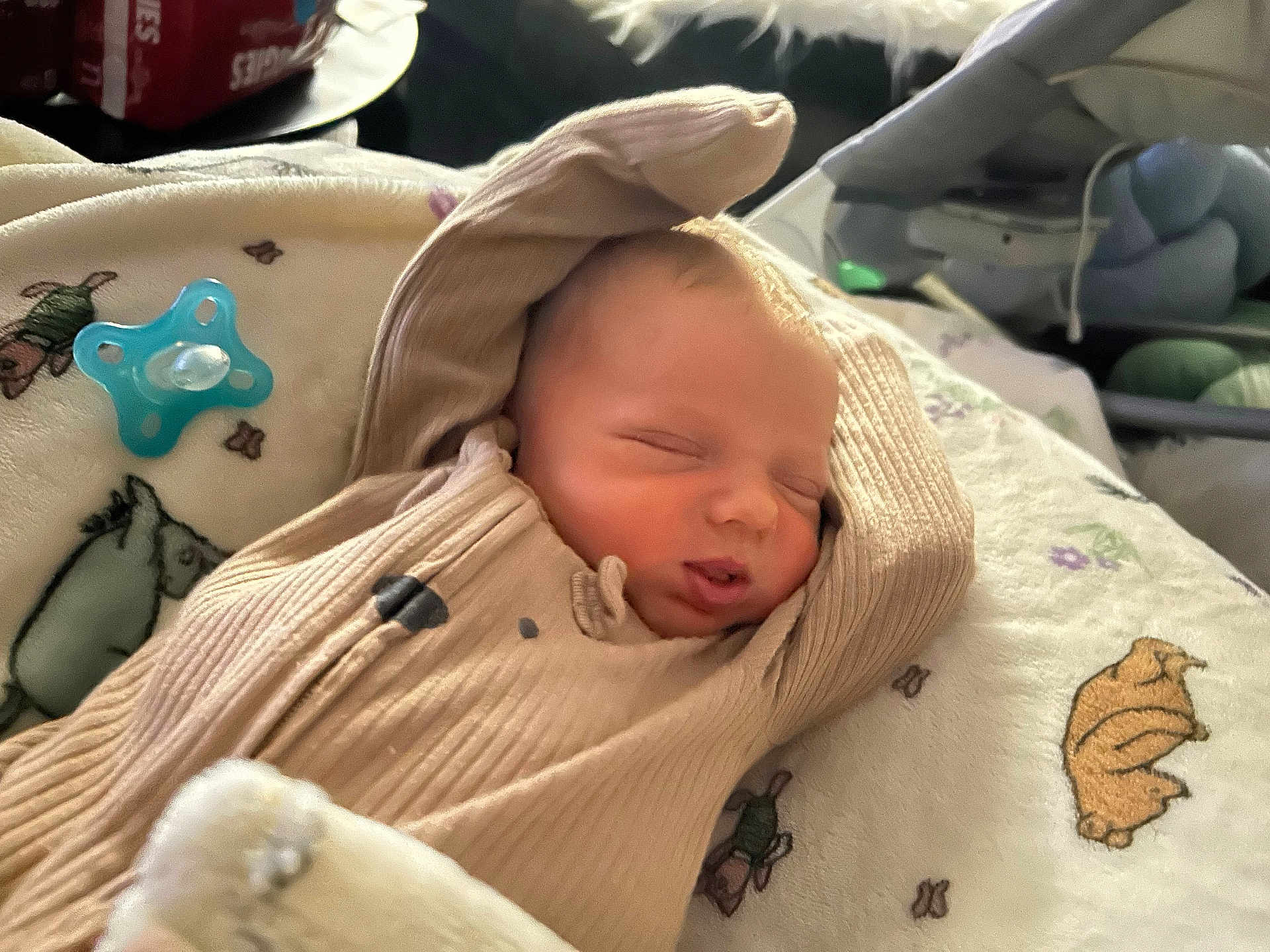 Lehman is registered to the contest to win money with this photo: newborn, baby, sleeping, blanket, pacifier, clothing, infant, face, soft, cozy, animal_print, bed, rest, cute, peaceful, indoor, portrait, child, toddler, young