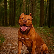 Zeus participe au concours pour gagner de l'argent avec cette photo : animal, brown, canine, daylight, dog, ears_up, forest, fur, greenery, happy, mammal, nature, outdoor, path, pet, portrait, sitting, smiling, tongue_out, tree