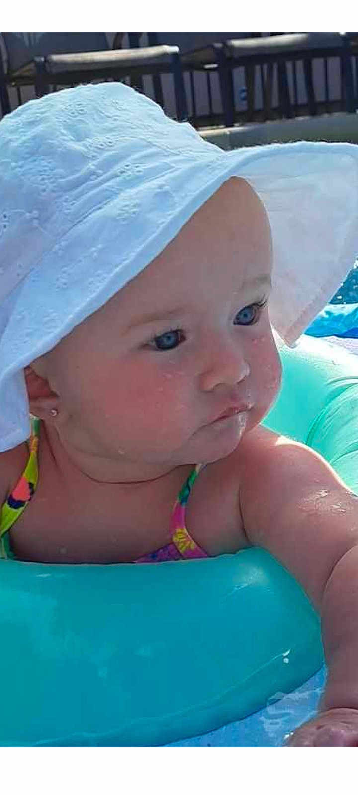 Averie joined the competition — help win amazing prizes! baby, bonnet, cap, clothing, face, hat, head, leisureactivities, person, photography, pool, portrait, sport, summer, sunhat, swimming, swimmingpool, swimwear, water, watersports