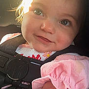 Layla is registered to the contest to win money with this photo: toddler, child, baby, face, smile, car_seat, pink_clothing, sunlight, portrait, young_child, cute, indoors, seatbelt, closeup, happy, person, infant, hair, skin, expression