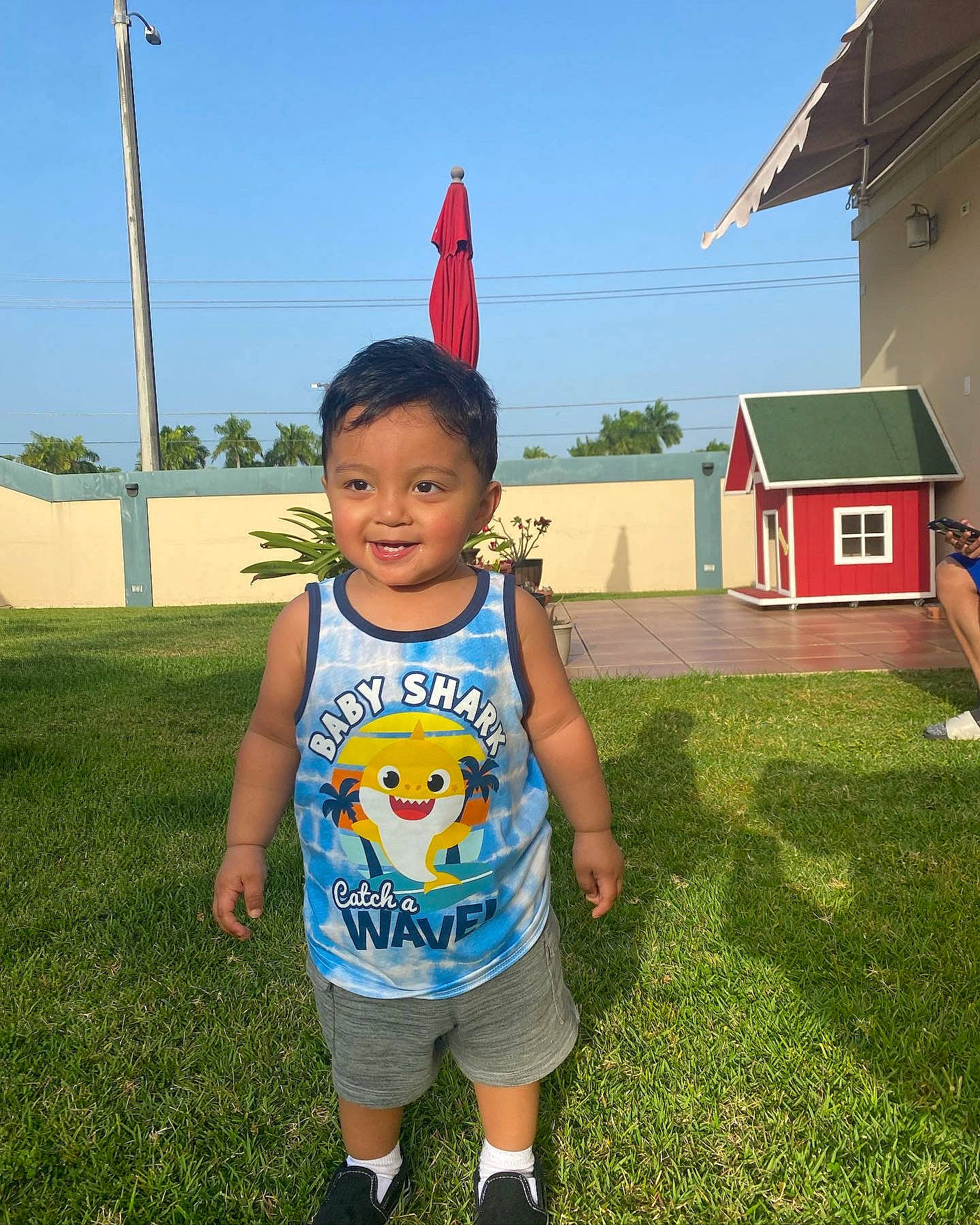 Noah is registered to the contest to win money with this photo: baby_toddler_clothing, child, flag, fun, grass, grassland, happy, house, joy, landscape, lawn, leisure, person, plant, play, pole, recreation, shorts, sky, t_shirt