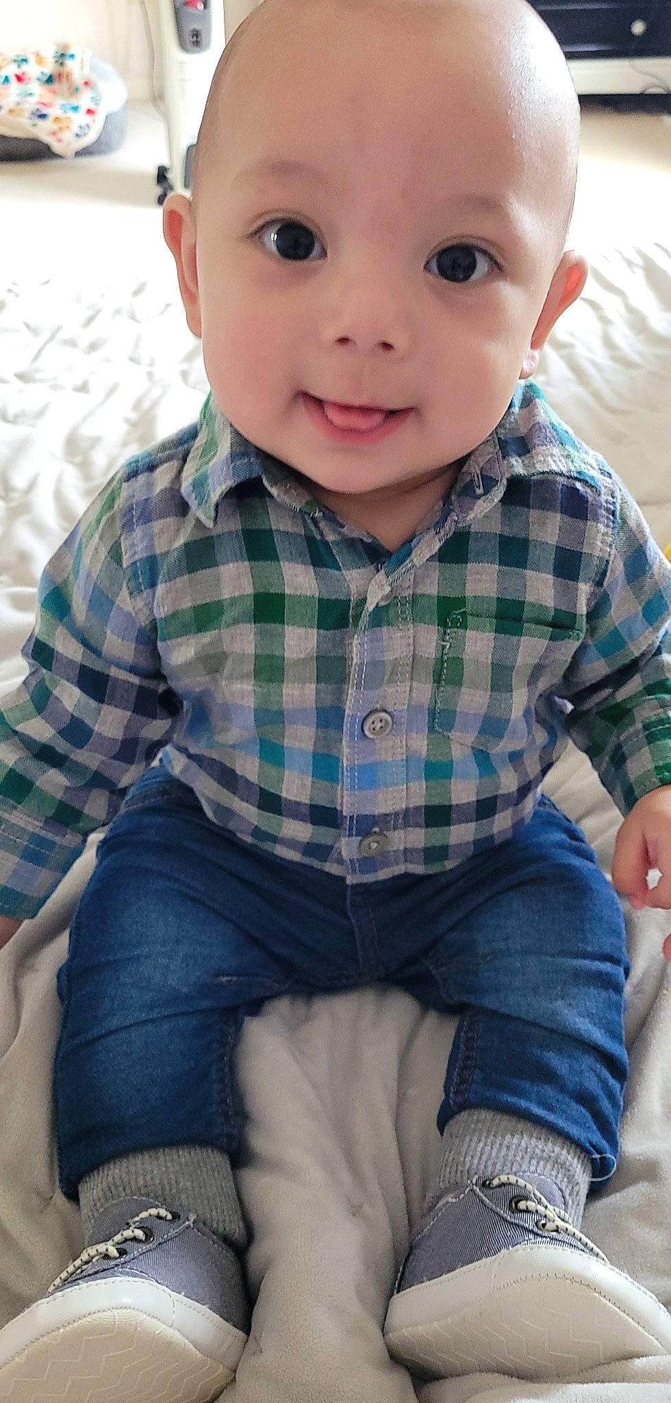 Bentlee joined the competition — help win amazing prizes! baby_toddler_clothing, blue, cheek, chin, dress_shirt, eye, hairstyle, head, human, iris, jeans, leg, nose, person, plaid, skin, sleeve, smile, standing, tartan