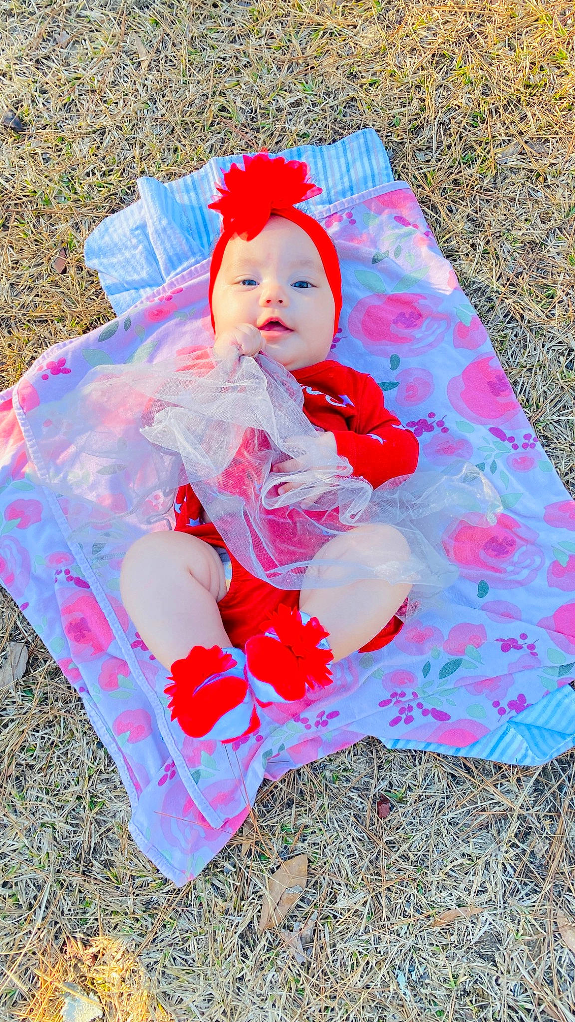 Thalia is registered to the contest to win money with this photo: baby, baby_toddler_clothing, child, costume, dress, fashion_accessory, grass, headband, magenta, pattern, peach, people_in_nature, person, petal, pink, sitting, tints_and_shades, toddler