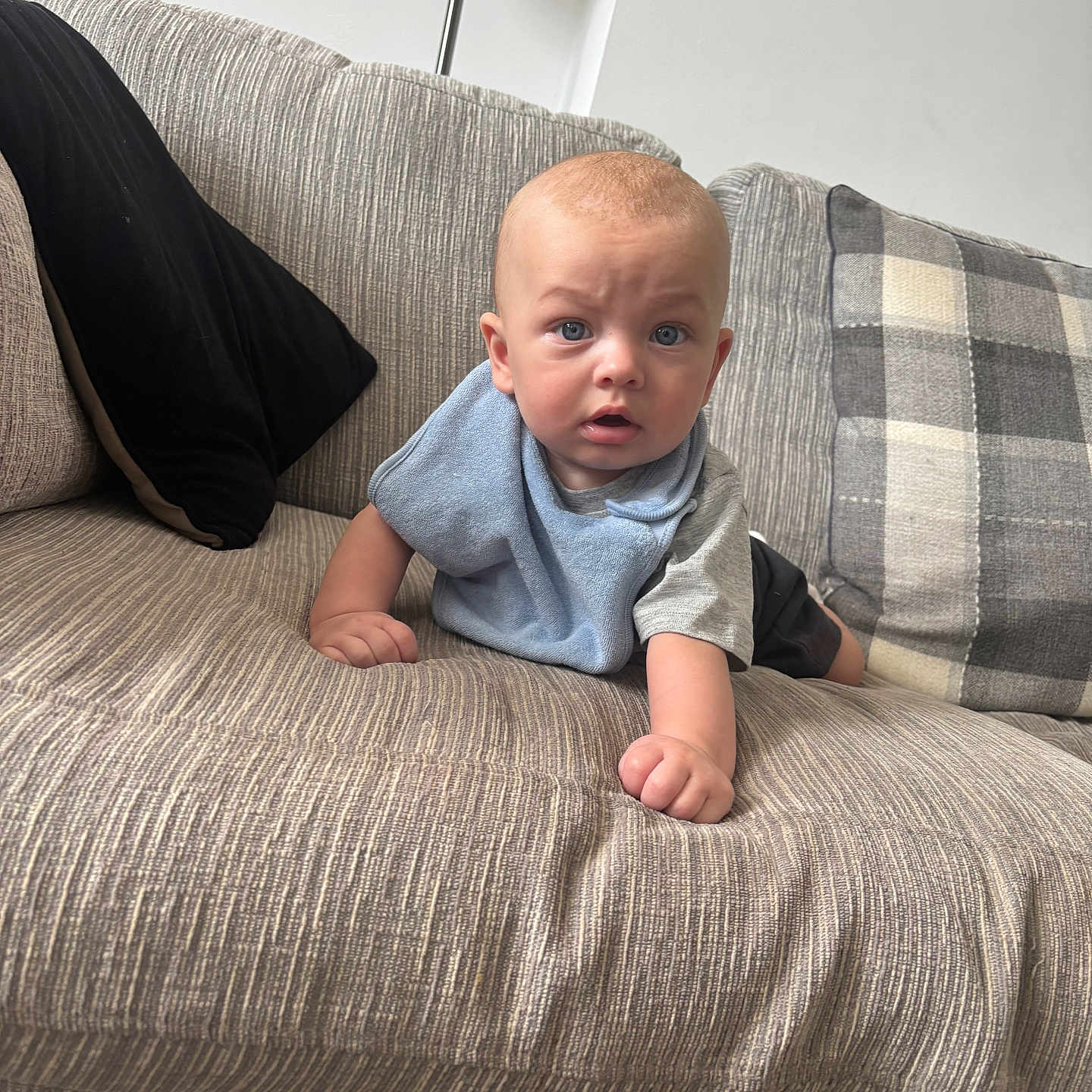 George-Anthony joined the competition — help win amazing prizes! baby, bib, blue_eyes, child, clothing, couch, curious, expression, furniture, hand, head, home, indoor, infant, living_room, person, pillow, plaid_pillow, skin, sofa