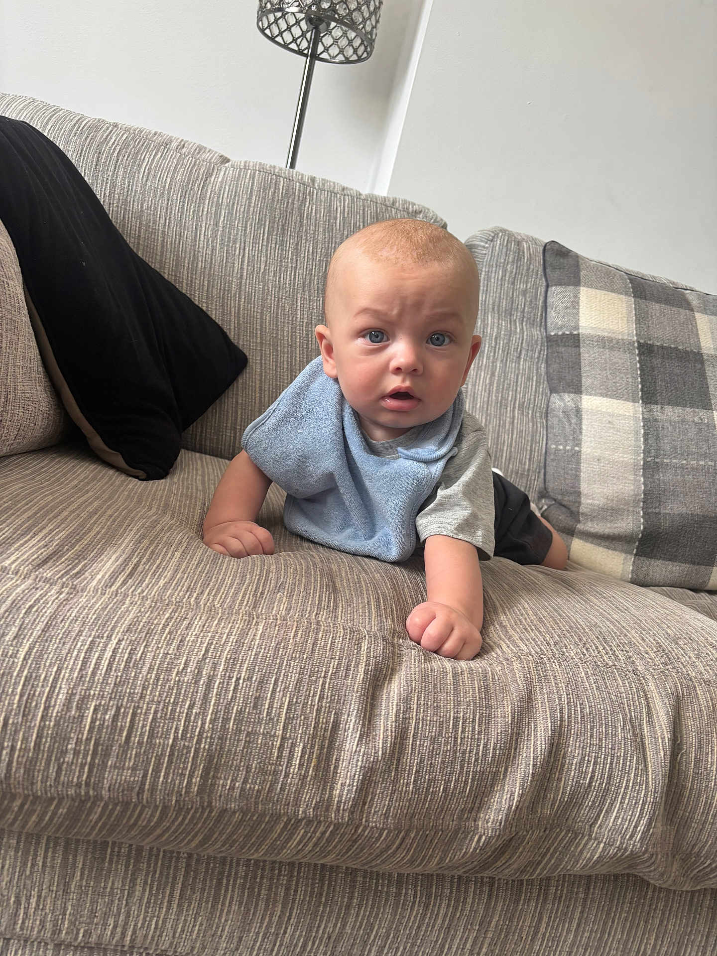 George-Anthony joined the competition — help win amazing prizes! baby, infant, blue_eyes, bib, couch, sofa, pillow, plaid_pillow, living_room, furniture, child, person, indoor, curious, expression, skin, head, hand, clothing, home