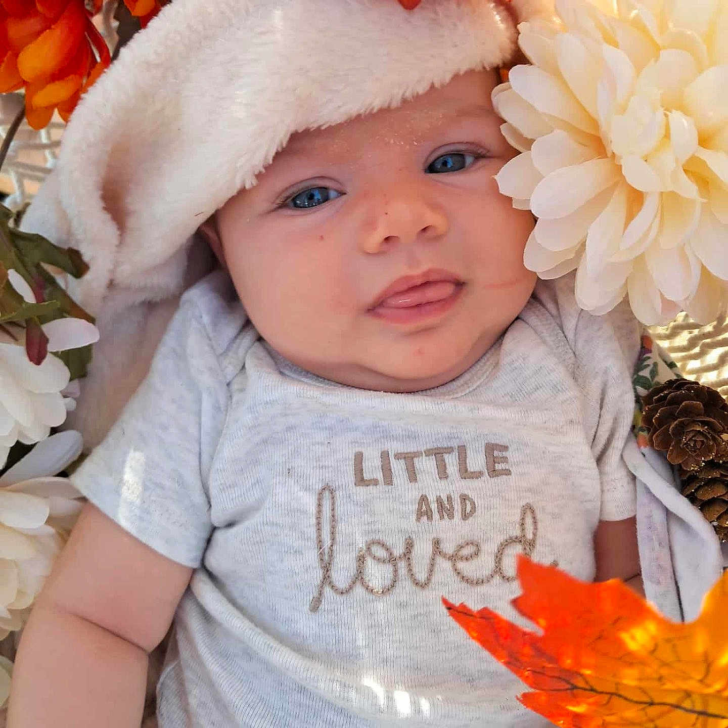 Oakley Jade joined the competition — help win amazing prizes! autumn, baby, blue_eyes, chubby_cheeks, closeup, cozy, cute, face, flowers, hood, infant, leaf, nature, orange_flowers, portrait, shirt, skin, small_hand, text_on_shirt, white_flower