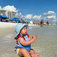 Adelyn joined the competition — help win amazing prizes! baby, child, beach, water, sand, sunhat, swimsuit, ocean, waves, summer, vacation, outdoor, sunny, sky, clouds, people, shore, relaxing, cute, toddler