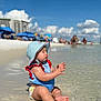 baby, child, beach, water, sand, sunhat, swimsuit, ocean, waves, summer, vacation, outdoor, sunny, sky, clouds, people, shore, relaxing, cute, toddler