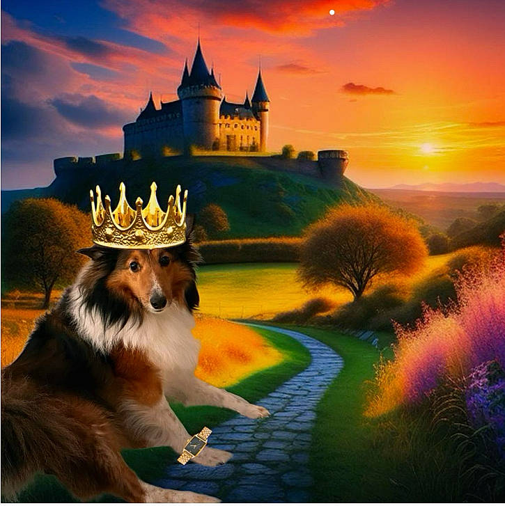Andy is registered to the contest to win money with this photo: art, building, carnivore, cloud, collie, companion_dog, grass, grassland, happy, landscape, morning, natural_landscape, nature, paint, painting, plant, rough_collie, scotch_collie, shetland_sheepdog, sky
