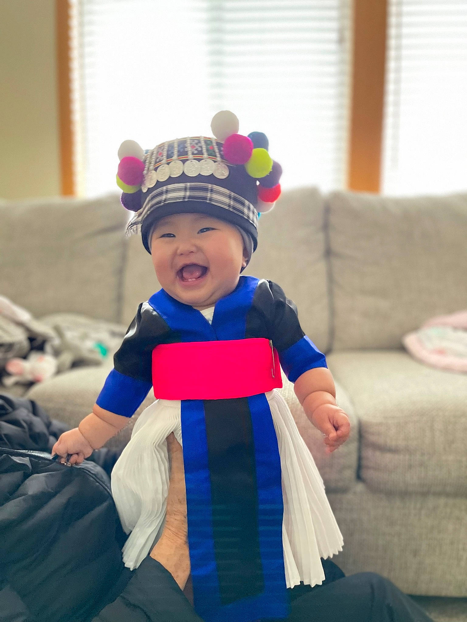 Seraphine joined the competition — help win amazing prizes! baby, baby_toddler_clothing, cap, costume_hat, couch, electric_blue, event, eye, fictional_character, fun, fur, happy, hat, headgear, headwear, luggage_and_bags, magenta, person, purple, room