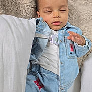 Lyam participe au concours pour gagner de l'argent avec cette photo : baby, infant, child, sleeping, eyes_closed, denim_jacket, denim_pants, pacifier_clip, plush_blanket, pillow, indoor, portrait, hand, lying_down, cozy, cute, soft_texture, casual_clothing, small_person, nap_time
