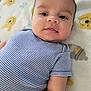 Brent is registered to the contest to win money with this photo: baby, infant, child, striped_clothing, blue_clothing, lying_down, blanket, patterned_blanket, bear_pattern, cute, portrait, face, head, skin, young_child, indoors, soft_texture, smiling, tongue_out, close_up