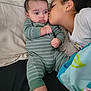 baby, child, kiss, bed, blanket, pillow, cozy, indoor, family, affection, toddler, sleepwear, cute, love, portrait, people, sibling, comfort, cuddling, skin