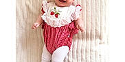 Billy-Ellen joined the competition — help win amazing prizes! baby, smiling, headband, bow, red_shoes, white_tights, strawberry_embroidery, red_and_white_outfit, infant, blanket, cute, happy, portrait, child, lying_down, soft_texture, fashion, adorable, young, indoors