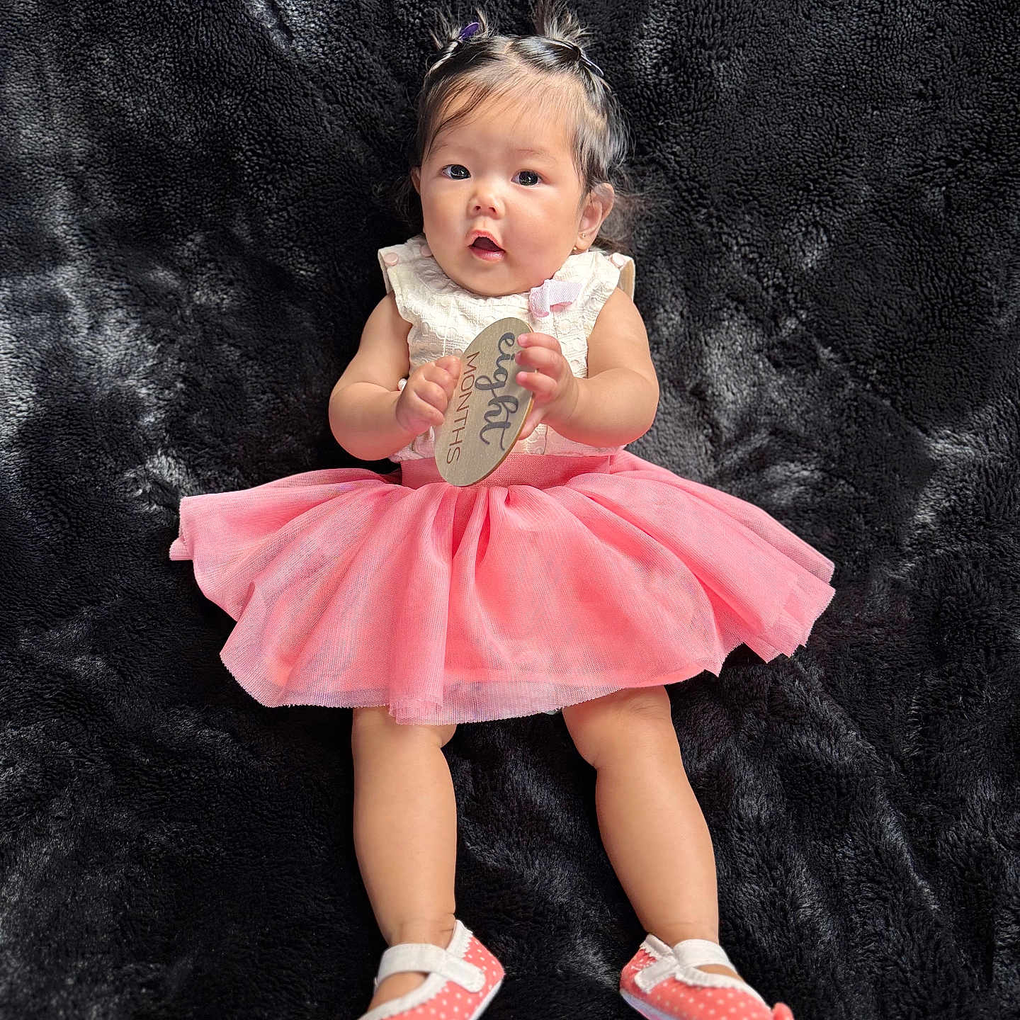 Jillian is registered to the contest to win money with this photo: adorable, baby, blanket, child, clothing, cute, eight_months, girl, indoor, infant, lying_down, person, pigtails, pink_skirt, portrait, shoes, soft_texture, tutu, wooden_sign, young_child