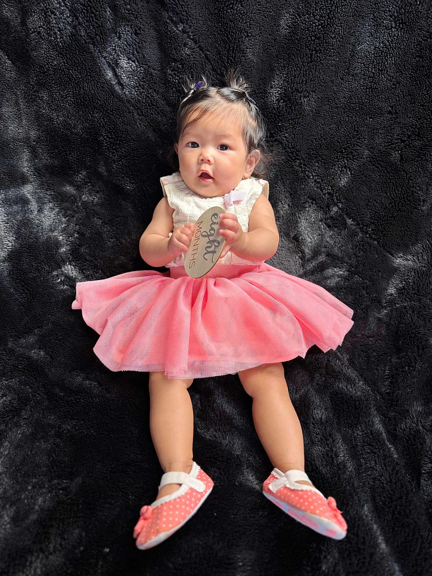 Jillian is registered to the contest to win money with this photo: baby, infant, girl, pink_skirt, tutu, shoes, pigtails, blanket, soft_texture, wooden_sign, eight_months, cute, portrait, lying_down, child, adorable, clothing, indoor, person, young_child
