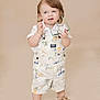 toddler, child, standing, sunglasses, overalls, white_shirt, beige_background, shoes, cute, playful, innocent, portrait, studio, fashion, young_child, smiling, short_hair, indoors, casual_clothing, person