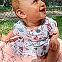 baby, child, smiling, sitting, outdoor, grass, blanket, dress, happy, face, head, person, nature, sunlight, skin, ear, hand, foot, fence, park