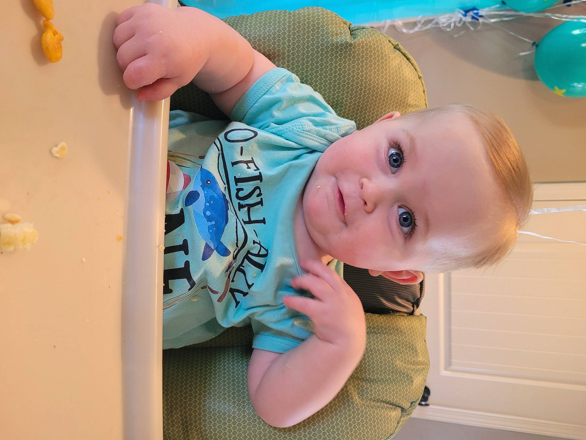 Landon joined the competition — help win amazing prizes! baby, baby_toddler_clothing, balloon, cheek, child, electric_blue, facial_expression, finger, fun, hand, happy, leisure, nose, person, play, room, sitting, skin, smile, toddler
