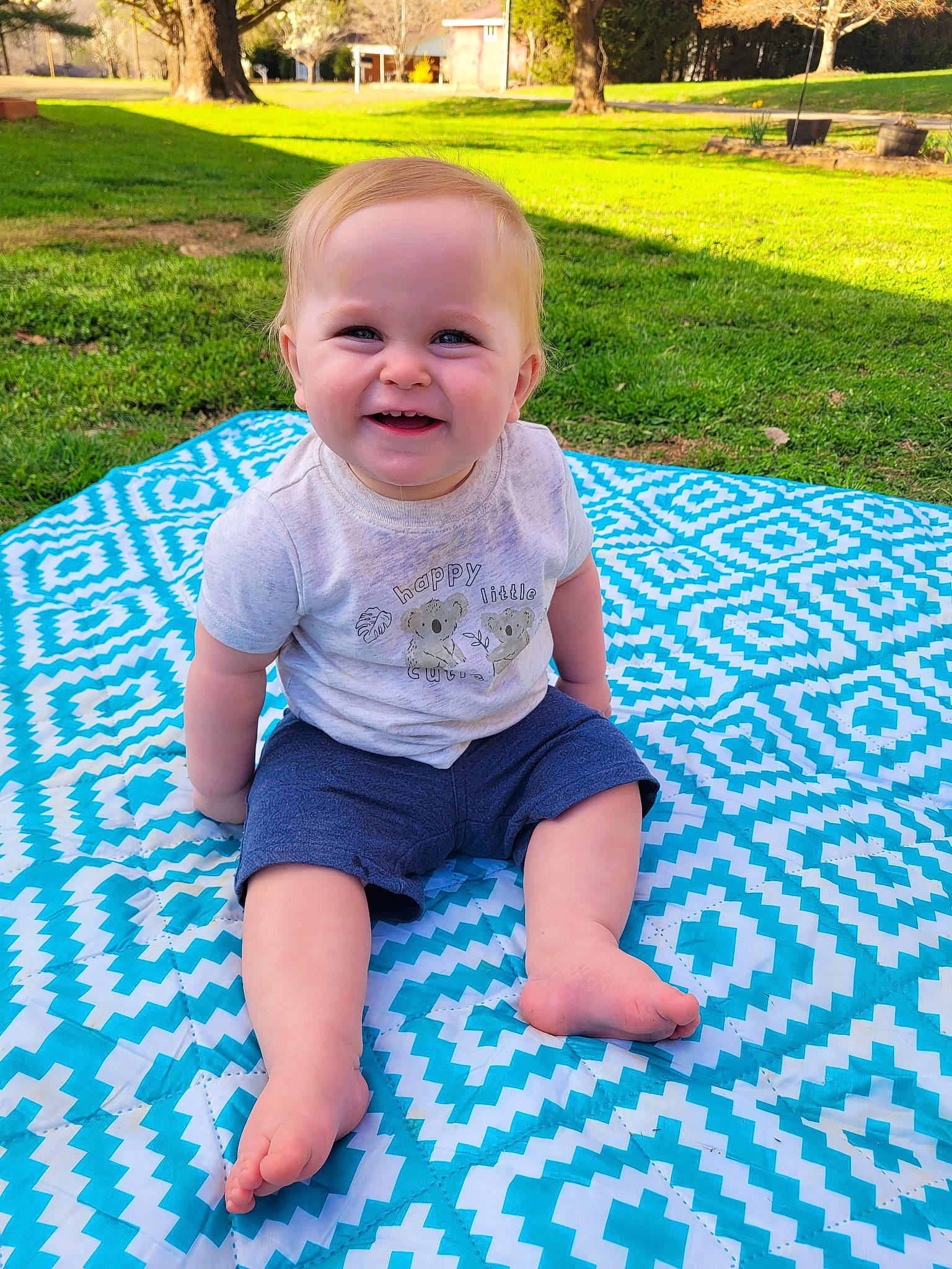 Landon is registered to the contest to win money with this photo: baby, baby_toddler_clothing, blue, child, electric_blue, flooring, fun, grass, green, happy, joy, leisure, pattern, people_in_nature, person, plant, recreation, sitting, smile, t_shirt