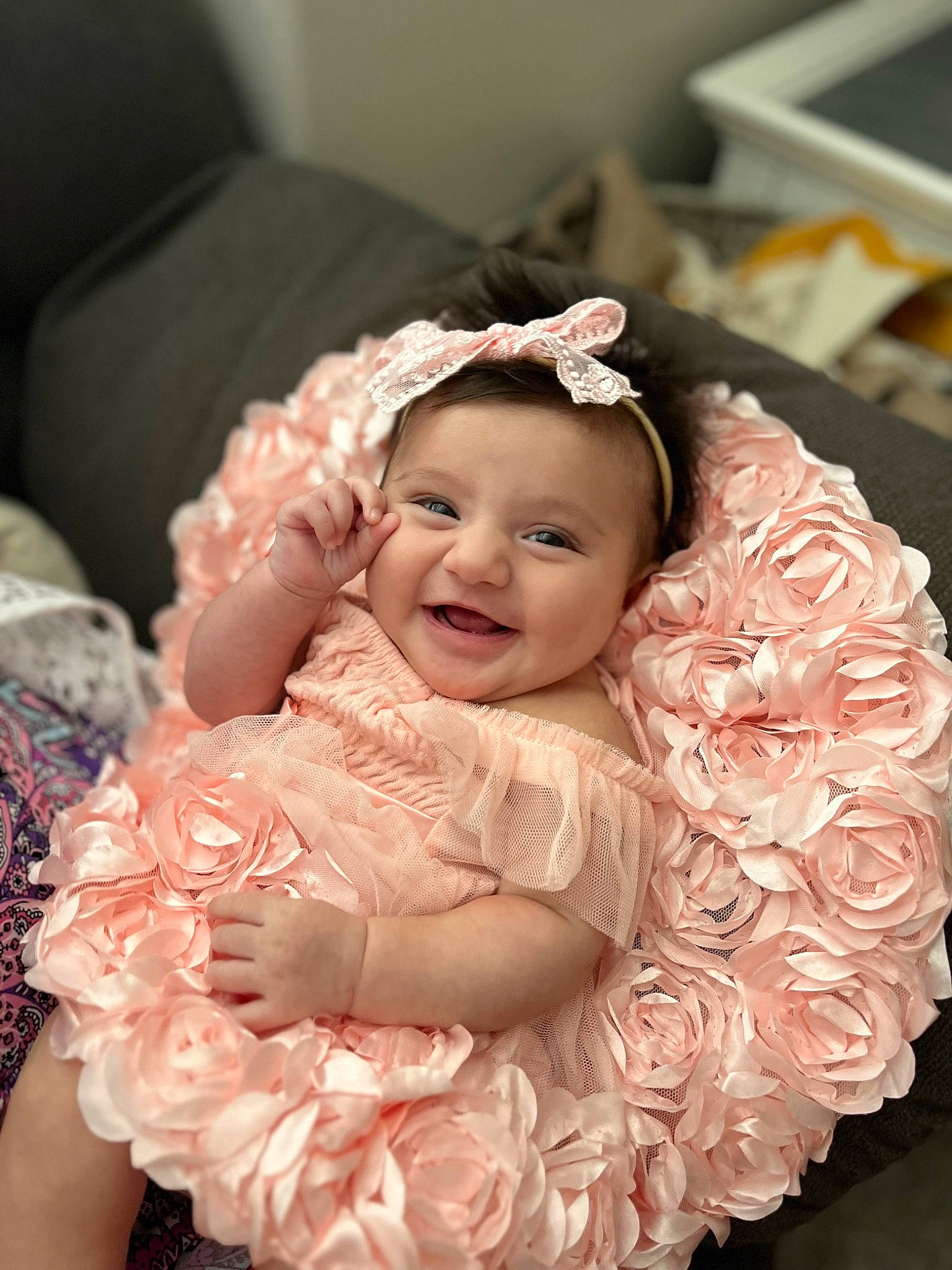 Haven is registered to the contest to win money with this photo: baby, baby_toddler_clothing, bridal_accessory, child, dress, embellishment, face, flash_photography, hairstyle, happy, head, headgear, headpiece, headwear, iris, jewellery, joy, person, petal, pink