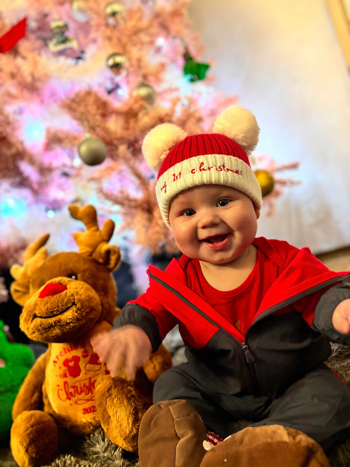 Archie joined the competition — help win amazing prizes! baby, child, smiling, hat, pom_poms, red_clothing, plush_toy, reindeer, christmas_tree, holiday, festive, indoor, decorations, cute, happy, portrait, soft_toys, christmas, seasonal, celebration