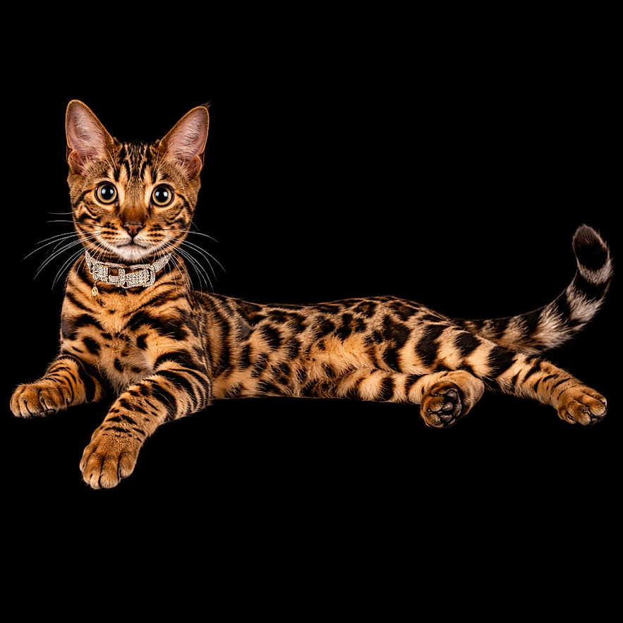 Bella a rejoint le concours — aidez-le/la à gagner de superbes lots ! cat, bengal_cat, feline, animal, pet, spotted_coat, striped_coat, lying_down, lounging, portrait, front_view, green_eyes, ears, whiskers, tail, collar, black_background, studio_lighting, isolated_subject, wildcat_pattern