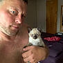 bedroom, blue_eyes, closeup, door, face, fur, furniture, hand, holding, indoor, kitten, man, person, pet, piercing, portrait, shelf, shirtless, siamese_cat, tattoo