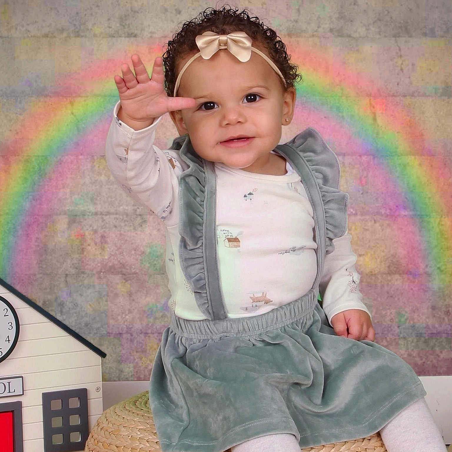 Aubrie is registered to the contest to win money with this photo: accessories, baby, bodypart, clothing, coat, costume, dress, face, finger, hand, happy, head, jacket, pants, person, photography, portrait, sitting, sleeve, smile