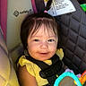 Isabela is registered to the contest to win money with this photo: baby, car_seat, child, child_safety, cute, happy, indoors, infant, mirror, padded_seat, pink_hair_tie, playful, portrait, safety_harness, seatbelt, smiling, toddler, toy, yellow_clothing, young_child