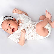 Rubab is registered to the contest to win money with this photo: baby, infant, white_lace, headband, newborn, cute, lying_down, happy, soft_background, skin, small_feet, tiny_hands, portrait, child, smiling, innocent, studio_photo, white_clothing, fresh, peaceful