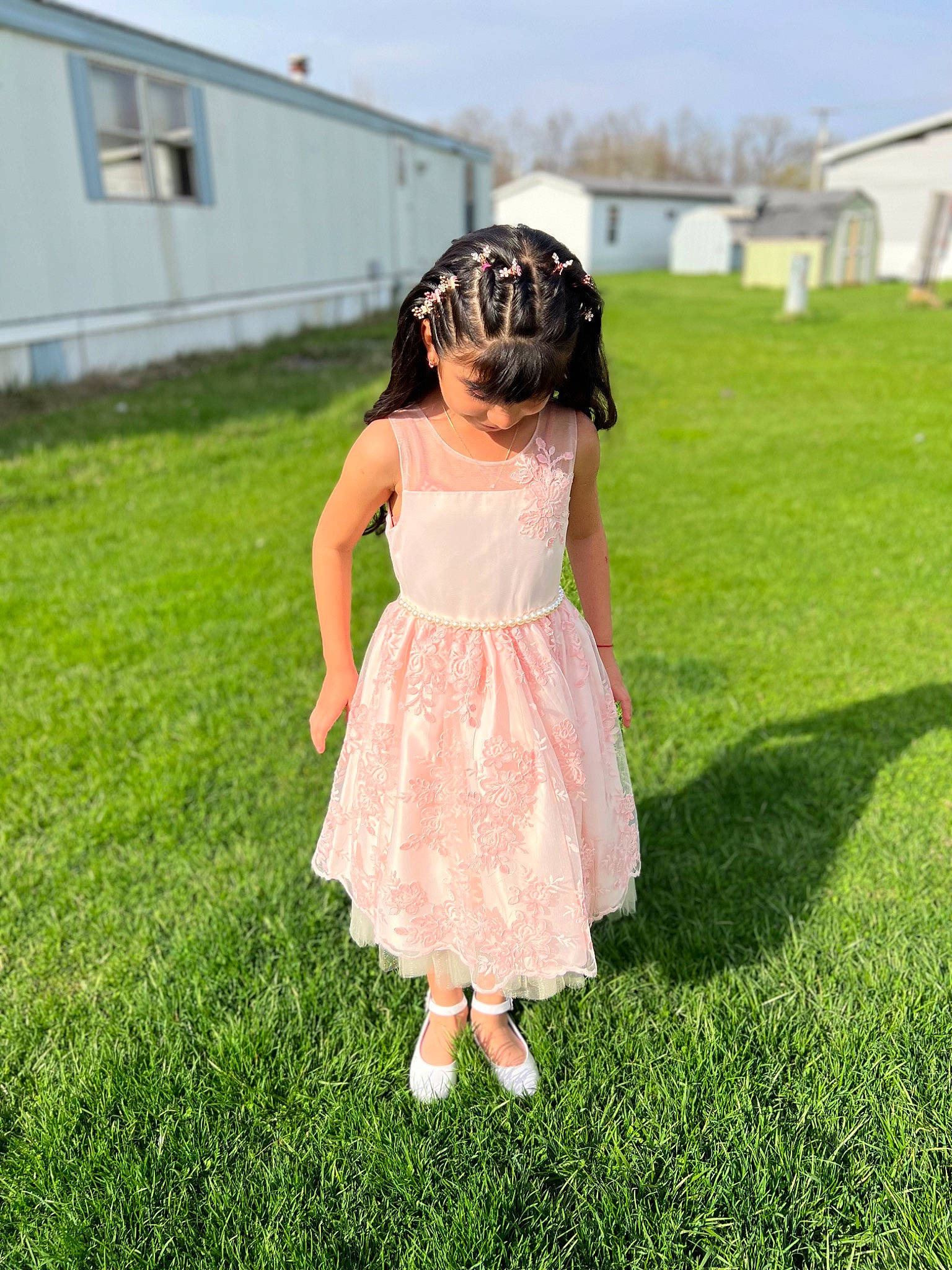 Alexa is registered to the contest to win money with this photo: baby_toddler_clothing, bridal_accessory, bridal_clothing, bridal_party_dress, day_dress, dress, formal_wear, gown, grass, grass_family, grassland, hair, happy, human_body, meadow, one_piece_garment, people_in_nature, person, sky, summer