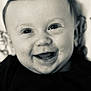 baby, smile, face, closeup, infant, child, black_and_white, happy, eyes, mouth, cute, person, portrait, young, expression, skin, head, clothing, babyclothes, cheerful