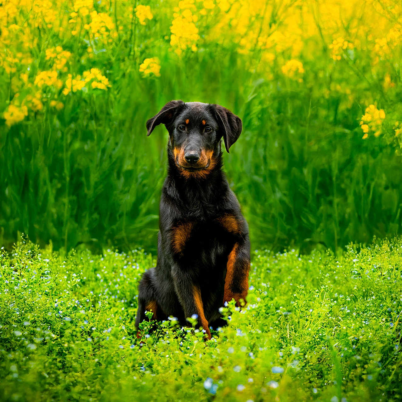 Viska a rejoint le concours — aidez-le/la à gagner de superbes lots ! dog, black_dog, tan_markings, sitting, green_field, wildflowers, yellow_flowers, nature, outdoor, portrait, animal, grass, plants, spring, canine, flora, summer, bright, colorful, peaceful
