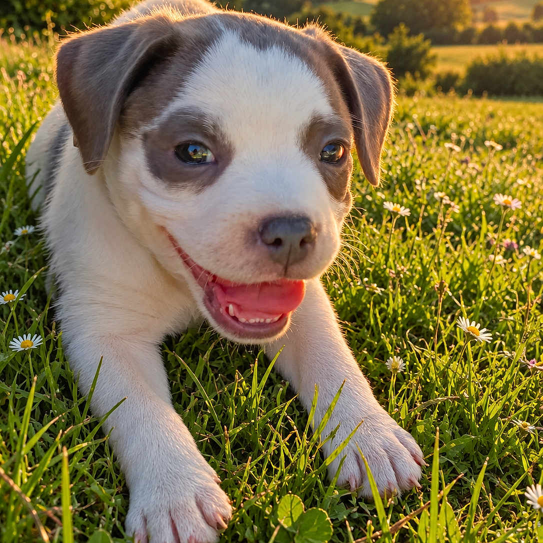 Bahia a rejoint le concours — aidez-le/la à gagner de superbes lots ! puppy, dog, canine, white_and_brown, floppy_ears, happy, smiling, open_mouth, tongue, teeth, portrait, close_up, outdoor, meadow, grass, daisies, wildflowers, sunset, golden_hour, countryside