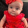 Katie is registered to the contest to win money with this photo: apparel, baby, child, couch, cute, eyes, face, fashion, flower_accessory, happy, headband, indoor, infant, person, portrait, red_dress, sitting, skin, texture, young