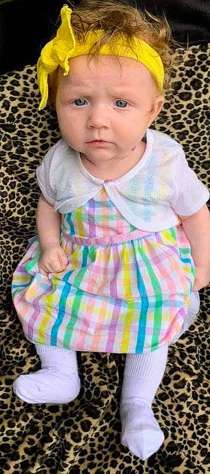 Malorie is registered to the contest to win money with this photo: arm, baby_toddler_clothing, blue, cheek, clothing, dress, eye, face, facial_expression, green, hand, head, lip, organ, outerwear, person, photograph, product, purple, skin