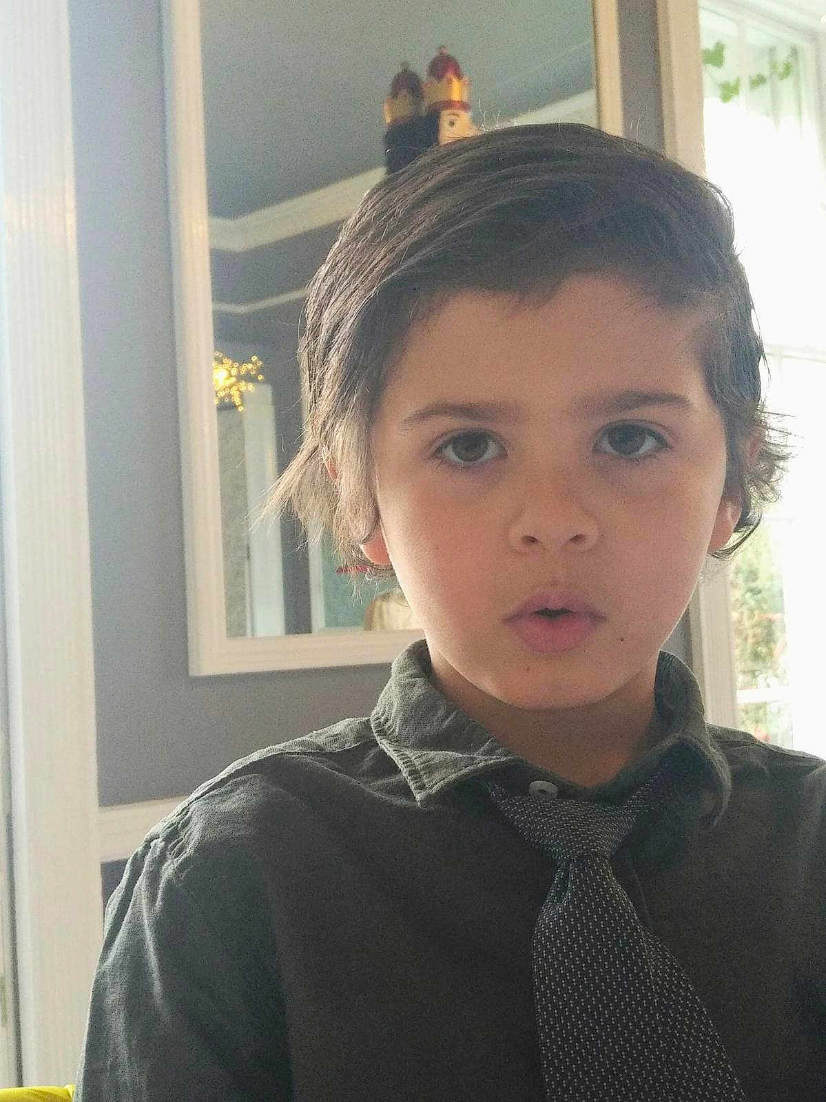 Trelly joined the competition — help win amazing prizes! child, boy, portrait, indoor, shirt, tie, face, hair, expression, mirror, window, lighting, casual, person, young, curly_hair, looking_at_camera, home, background, natural_light