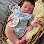 baby, sleeping, basket, blanket, overalls, infant, wooden_sign, rainbow, hand, foot, cozy, soft_texture, cute, resting, newborn, clothing, skin, peaceful, portrait, indoor