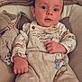 Alexander is registered to the contest to win money with this photo: baby, infant, child, pacifier, clothing, overalls, cushion, seat, indoor, soft_lighting, cute, relaxed, portrait, person, fabric, toy, comfort, young, smiling, home