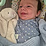 Alexander is registered to the contest to win money with this photo: baby, infant, smiling, blanket, plush_toy, bunny, baby_seat, patterned_fabric, cozy, cute, child, soft_toy, happy, portrait, close_up, indoor, clothing, head, face, resting